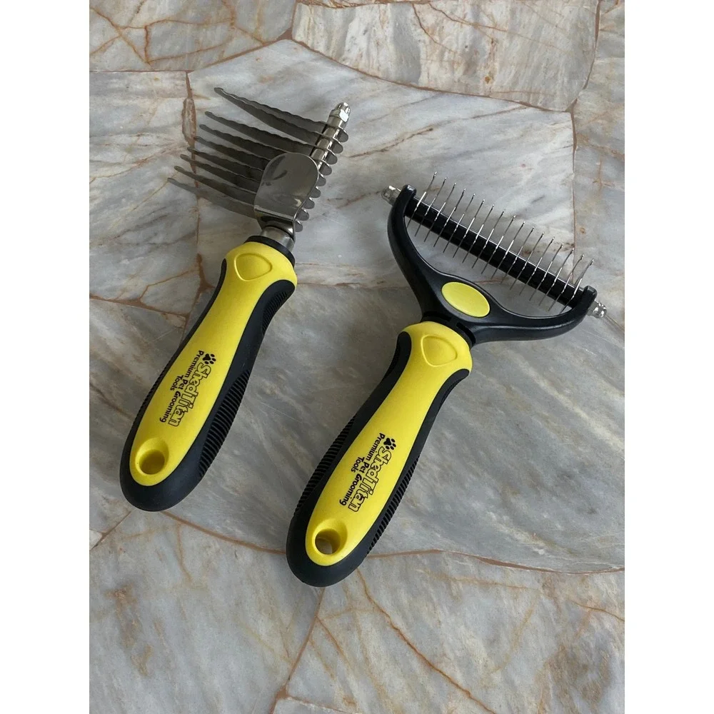 ShedTitan Premium Pet Grooming Dematting Rake + Undercoat Tool Set Yellow Black